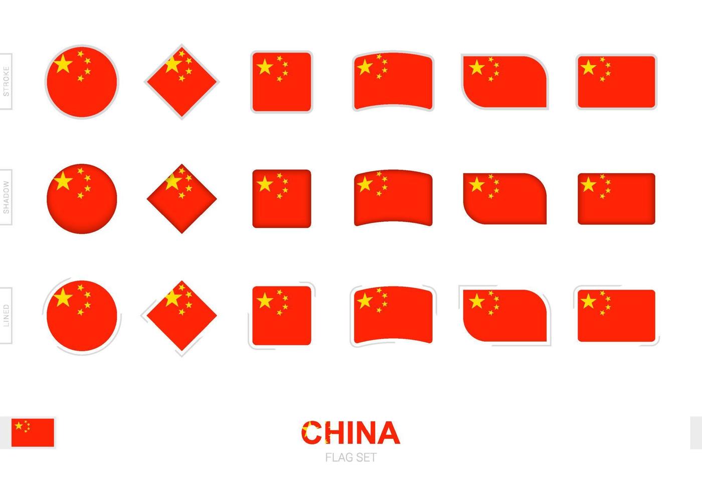 ensemble de drapeaux de chine, drapeaux simples de chine avec trois effets différents. vecteur