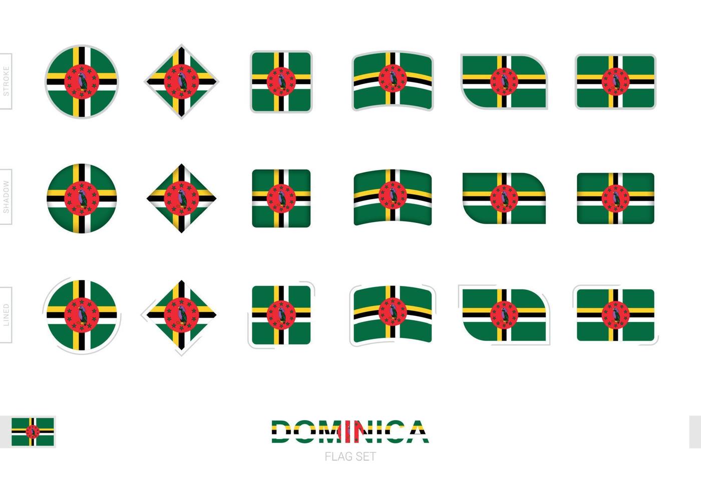 ensemble de drapeaux de la dominique, drapeaux simples de la dominique avec trois effets différents. vecteur