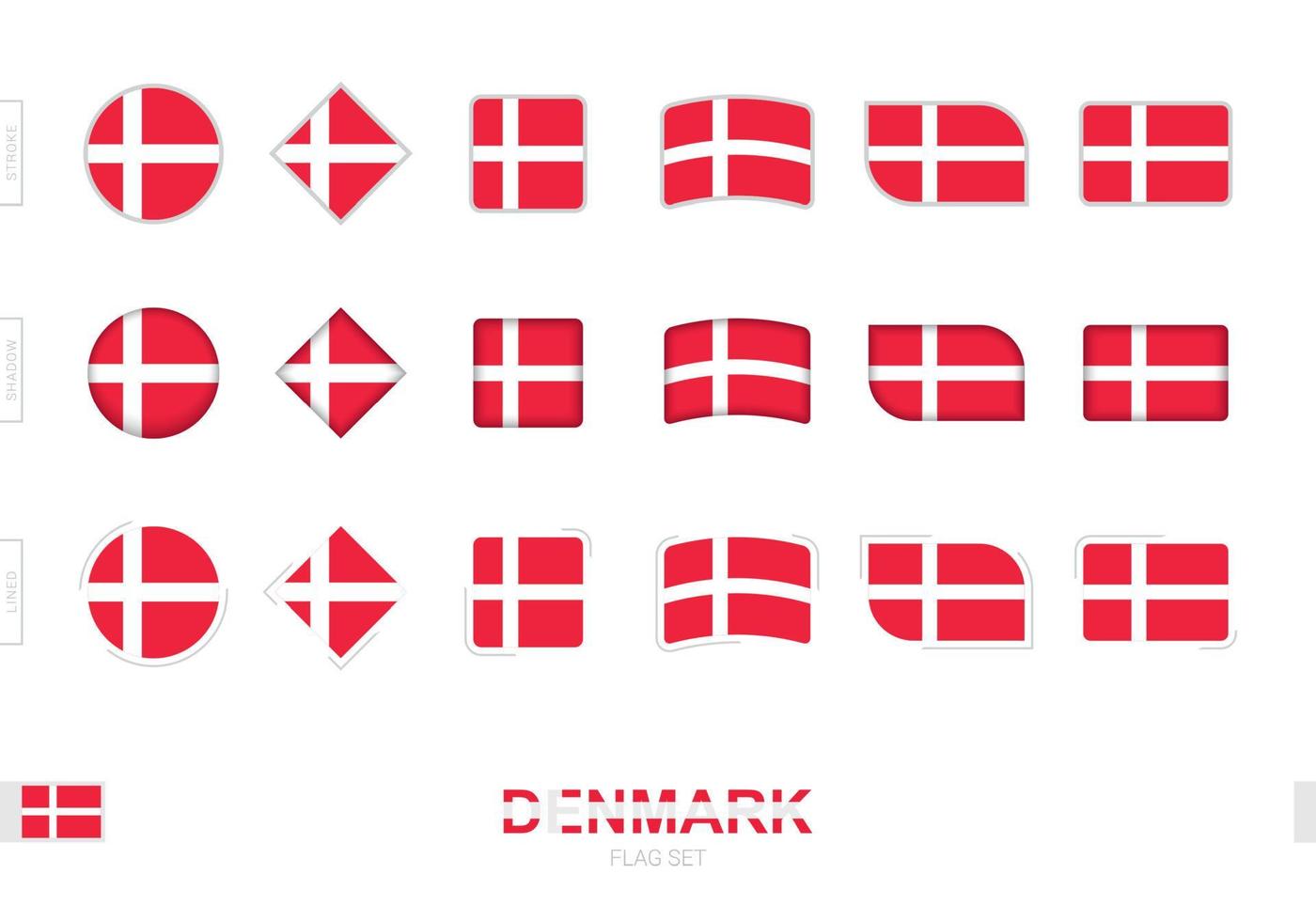 ensemble de drapeaux du danemark, drapeaux simples du danemark avec trois effets différents. vecteur