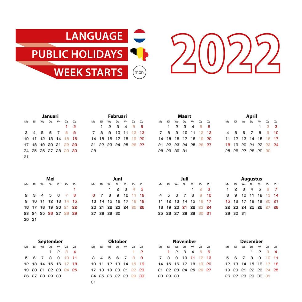 calendrier 2022 en langue française avec jours fériés le pays de belgique en 2022. vecteur