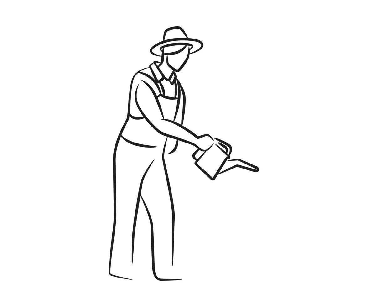 agriculteur dessiné à la main avec illustration d'arrosoir vecteur