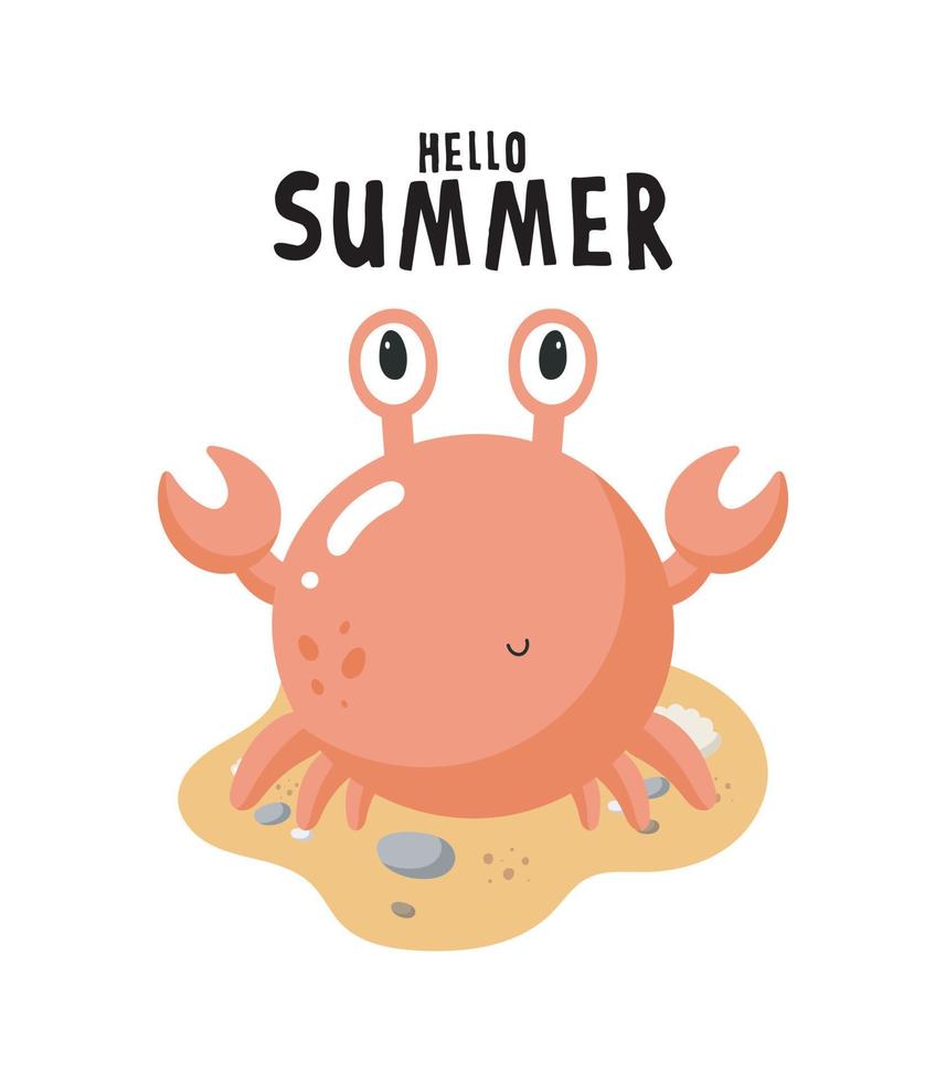 crabe mignon sur la plage. illustration vectorielle en style cartoon. pour carte, affiches, bannières, livres, impression sur le pack, impression sur vêtements, tissu, papier peint, textile ou vaisselle. vecteur