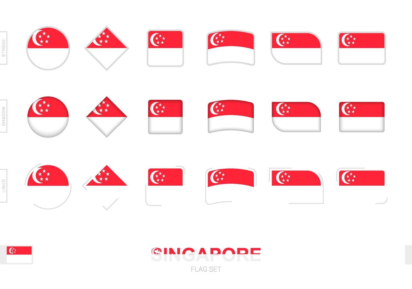 ensemble de drapeaux de singapour, drapeaux simples de singapour avec trois effets différents. vecteur