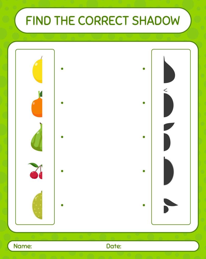 trouver le bon jeu d'ombres avec des fruits. feuille de travail pour les enfants d'âge préscolaire, feuille d'activité pour enfants vecteur