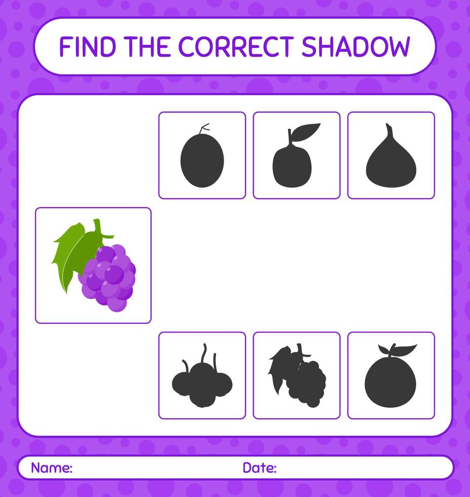 trouver le bon jeu d'ombres avec du raisin. feuille de travail pour les enfants d'âge préscolaire, feuille d'activité pour enfants vecteur