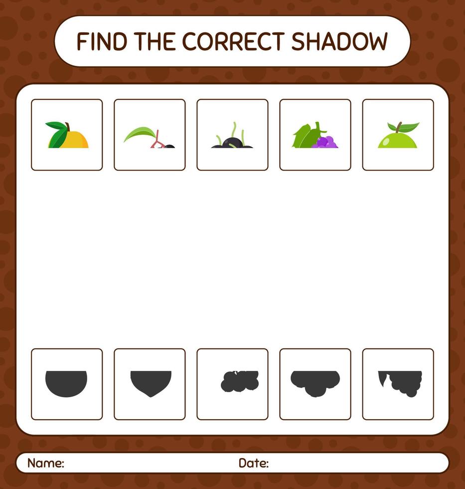 trouver le bon jeu d'ombres avec des fruits. feuille de travail pour les enfants d'âge préscolaire, feuille d'activité pour enfants vecteur