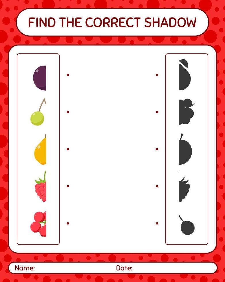 trouver le bon jeu d'ombres avec des fruits. feuille de travail pour les enfants d'âge préscolaire, feuille d'activité pour enfants vecteur