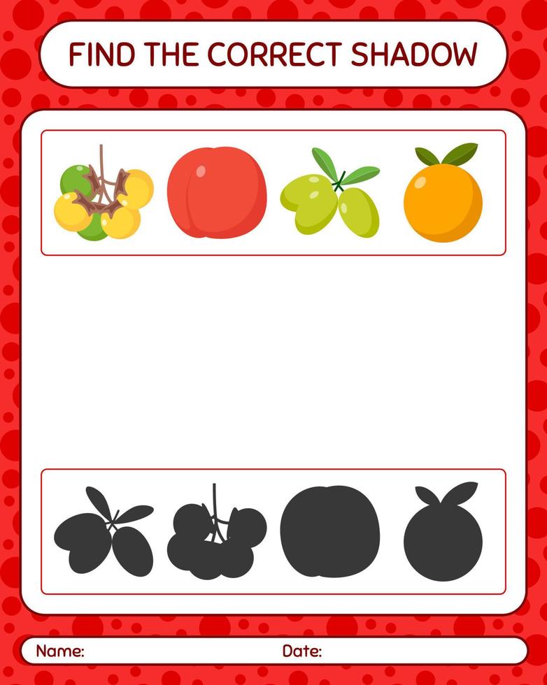 trouver le bon jeu d'ombres avec des fruits. feuille de travail pour les enfants d'âge préscolaire, feuille d'activité pour enfants vecteur