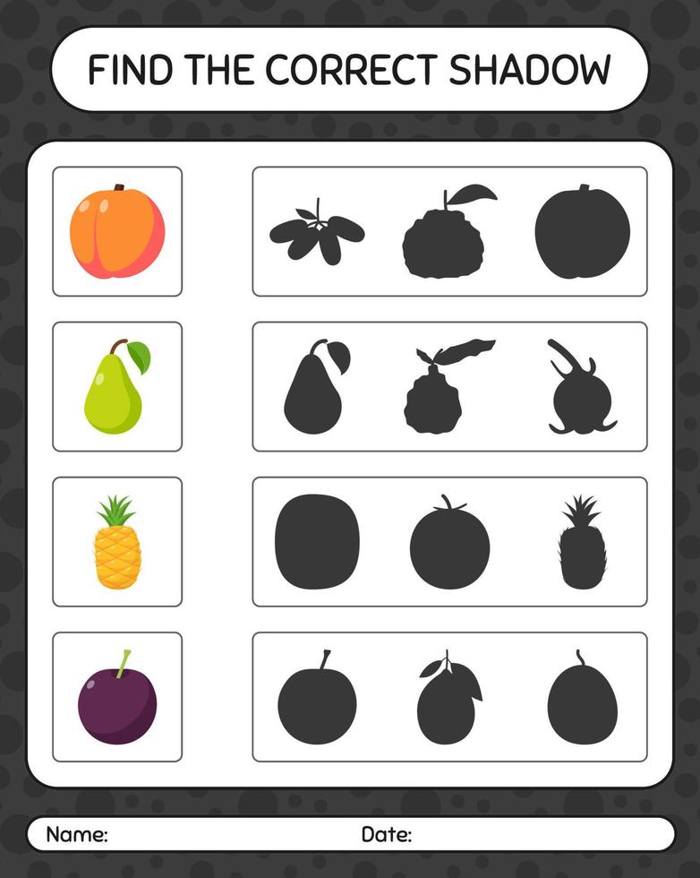 trouver le bon jeu d'ombres avec des fruits. feuille de travail pour les enfants d'âge préscolaire, feuille d'activité pour enfants vecteur