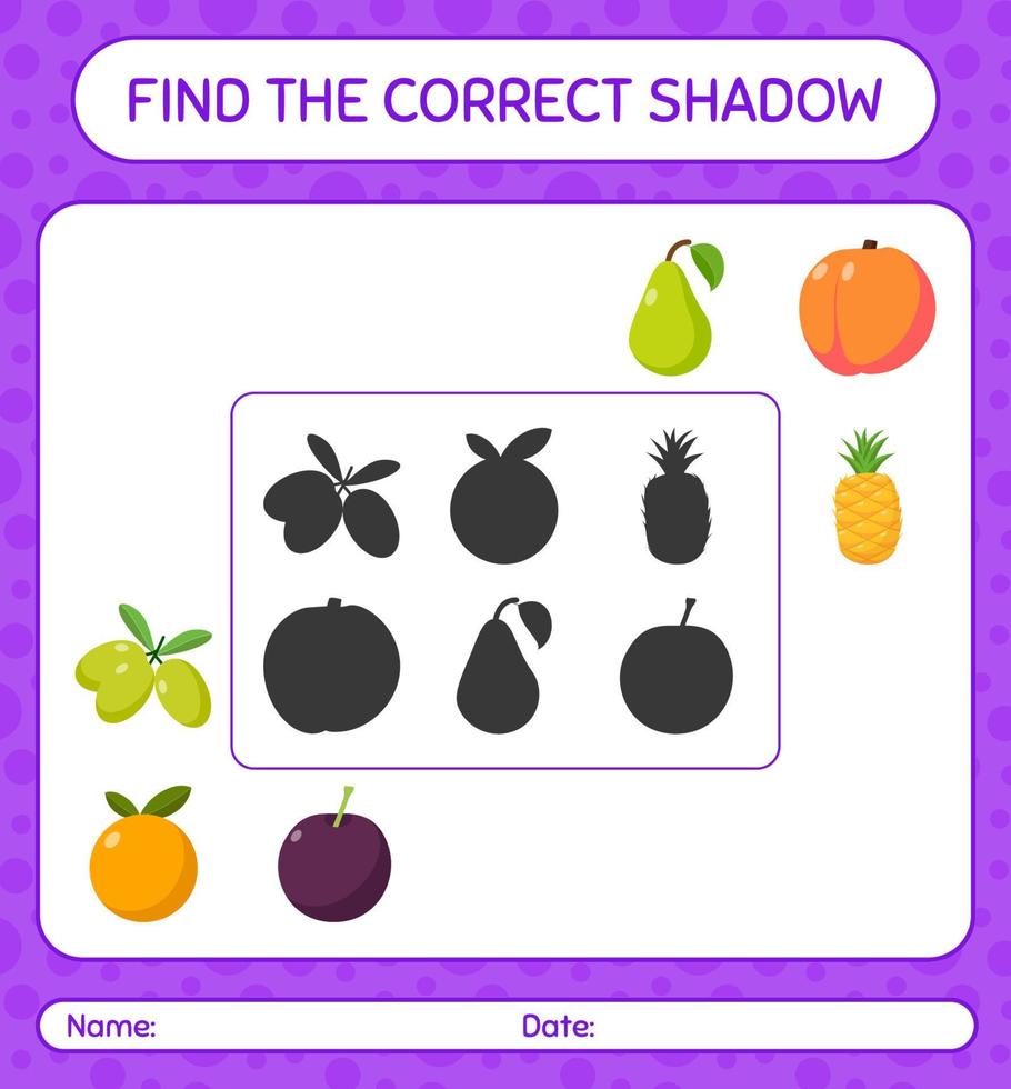 trouver le bon jeu d'ombres avec des fruits. feuille de travail pour les enfants d'âge préscolaire, feuille d'activité pour enfants vecteur