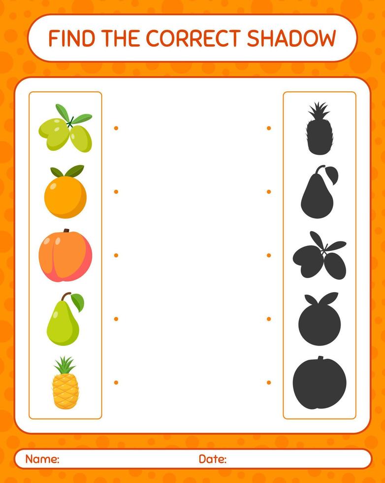 trouver le bon jeu d'ombres avec des fruits. feuille de travail pour les enfants d'âge préscolaire, feuille d'activité pour enfants vecteur