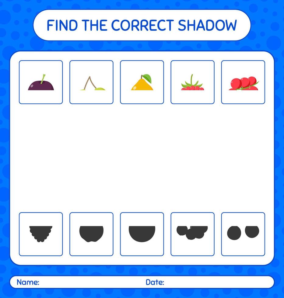 trouver le bon jeu d'ombres avec des fruits. feuille de travail pour les enfants d'âge préscolaire, feuille d'activité pour enfants vecteur