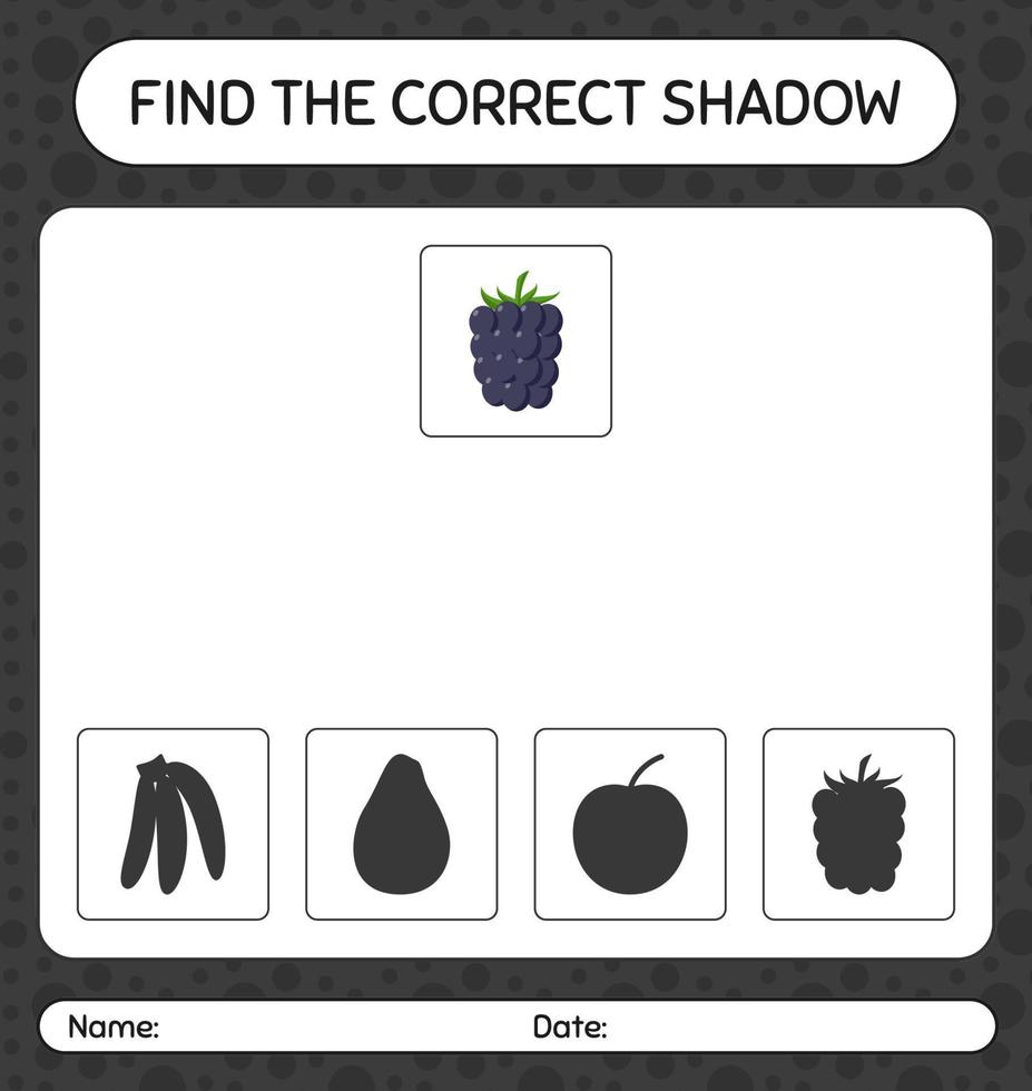 trouver le bon jeu d'ombres avec blackberry. feuille de travail pour les enfants d'âge préscolaire, feuille d'activité pour enfants vecteur