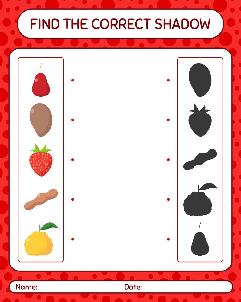 trouver le bon jeu d'ombres avec des fruits. feuille de travail pour les enfants d'âge préscolaire, feuille d'activité pour enfants vecteur