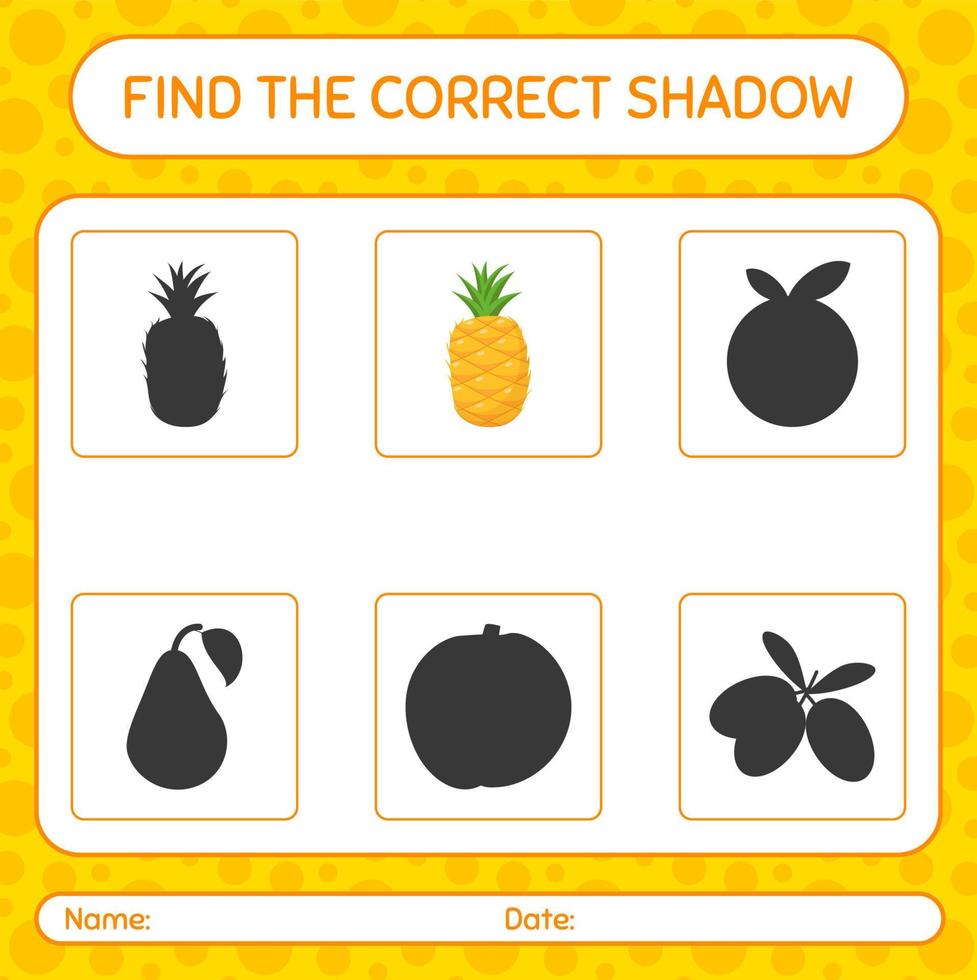 trouver le bon jeu d'ombres avec l'ananas. feuille de travail pour les enfants d'âge préscolaire, feuille d'activité pour enfants vecteur