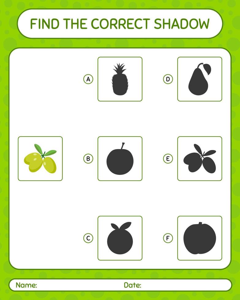 trouver le bon jeu d'ombres avec olive. feuille de travail pour les enfants d'âge préscolaire, feuille d'activité pour enfants vecteur