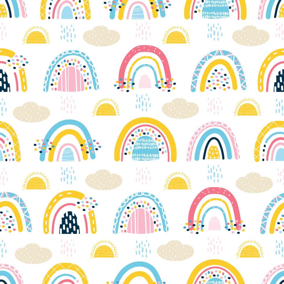 joli motif harmonieux avec des arcs-en-ciel de bébé, des nuages, du soleil, de la pluie. dessin d'enfant stylisé. conception pour le scrapbooking, tissus pour vêtements de bébé et literie. illustration vectorielle dessinée à la main vecteur