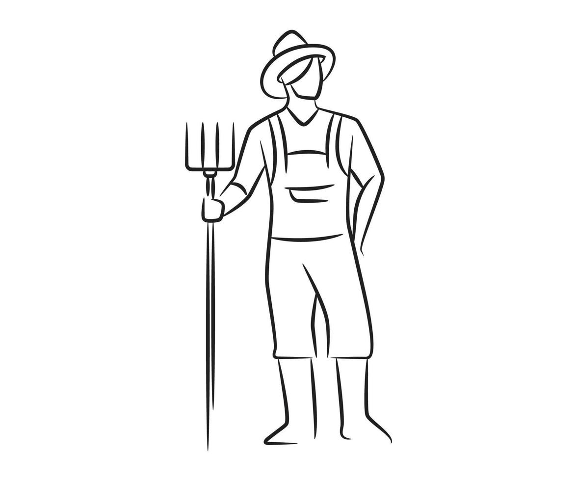 fermier debout dessiné à la main avec illustration de bêche vecteur