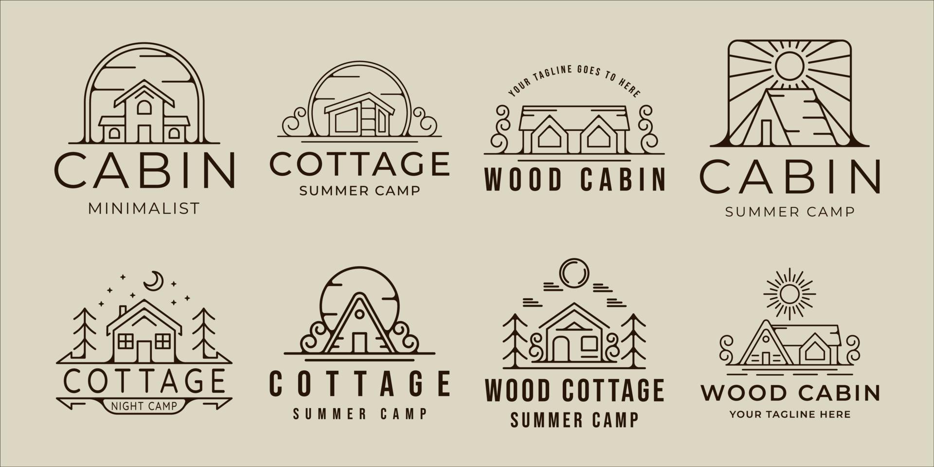 ensemble de cabine ou chalet logo dessin au trait simple illustration vectorielle minimaliste modèle icône conception graphique.bundle collection emblème d'aventure en plein air pour le concept de la nature avec badge et typographie vecteur