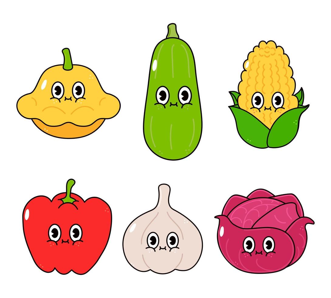 ensemble de personnages drôles et mignons de légumes heureux. icône d'illustration de personnage de dessin animé kawaii dessiné à la main de vecteur. fond blanc isolé. moelle de légumes mignon, ail, maïs, poivron, courge, chou vecteur