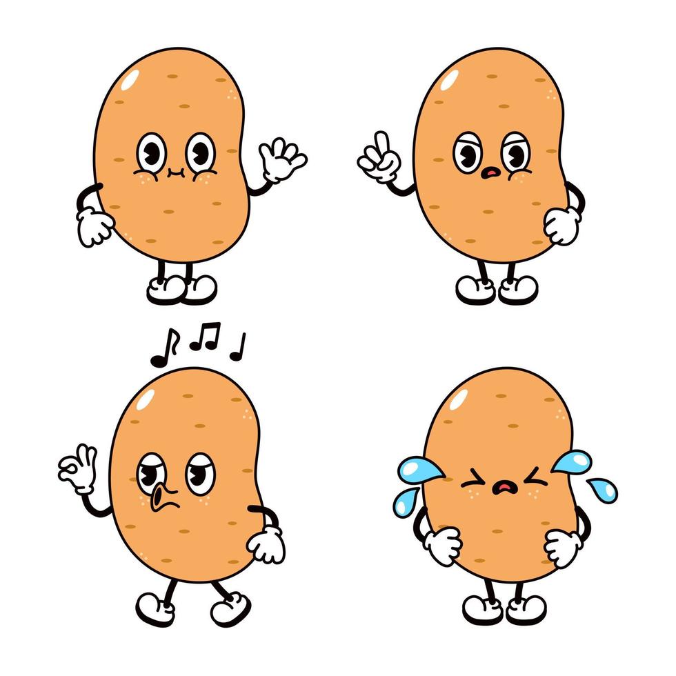 ensemble de personnages de pommes de terre drôles et mignons. dessin animé traditionnel de style doodle dessiné à la main de vecteur vintage, conception d'icône d'illustration de personnage rétro. fond blanc isolé. personnage de mascotte de pomme de terre heureuse