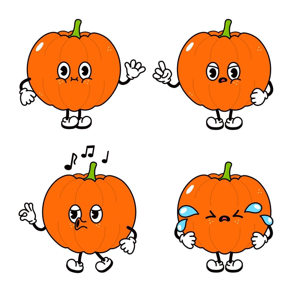 ensemble de personnages de citrouilles drôles et mignons. dessin animé traditionnel de style doodle dessiné à la main de vecteur vintage, conception d'icône d'illustration de personnage rétro. fond blanc isolé. mascotte de citrouille heureuse