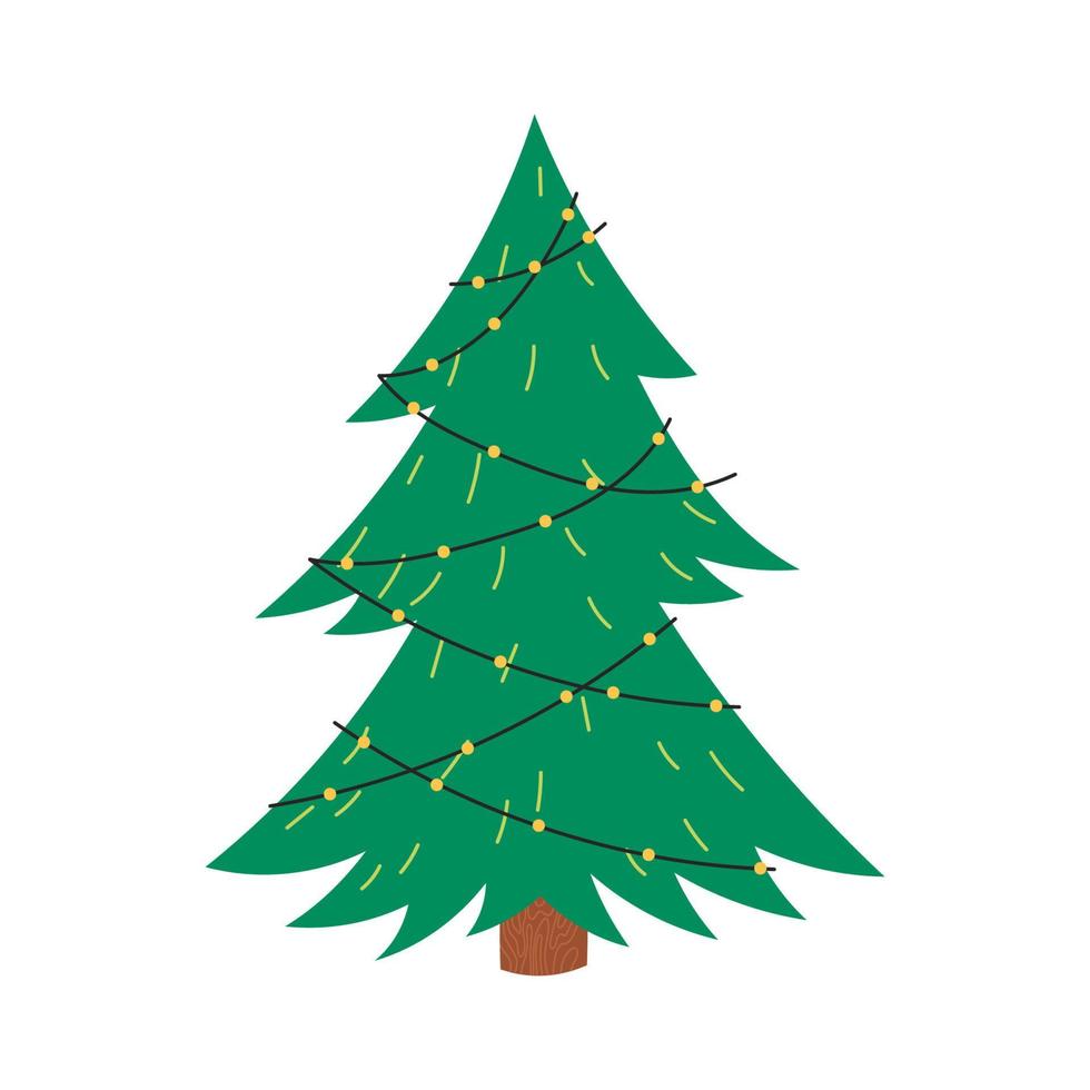 joli sapin de noël décoré de guirlandes de lumières, illustration de vecteur plat isolé sur fond blanc. plante à feuilles persistantes dessinée à la main pour les vacances d'hiver.