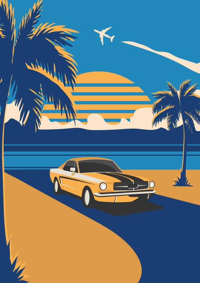 affiche de voiture rétro avec paysage marin, palmiers et coucher de soleil aux couleurs vintage vecteur
