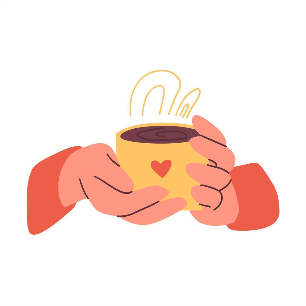 mains avec des tasses pour les boissons. les mains tiennent différentes tasses avec boisson chaude, café, cacao et thé. illustration vectorielle plane dessinée à la main. vecteur
