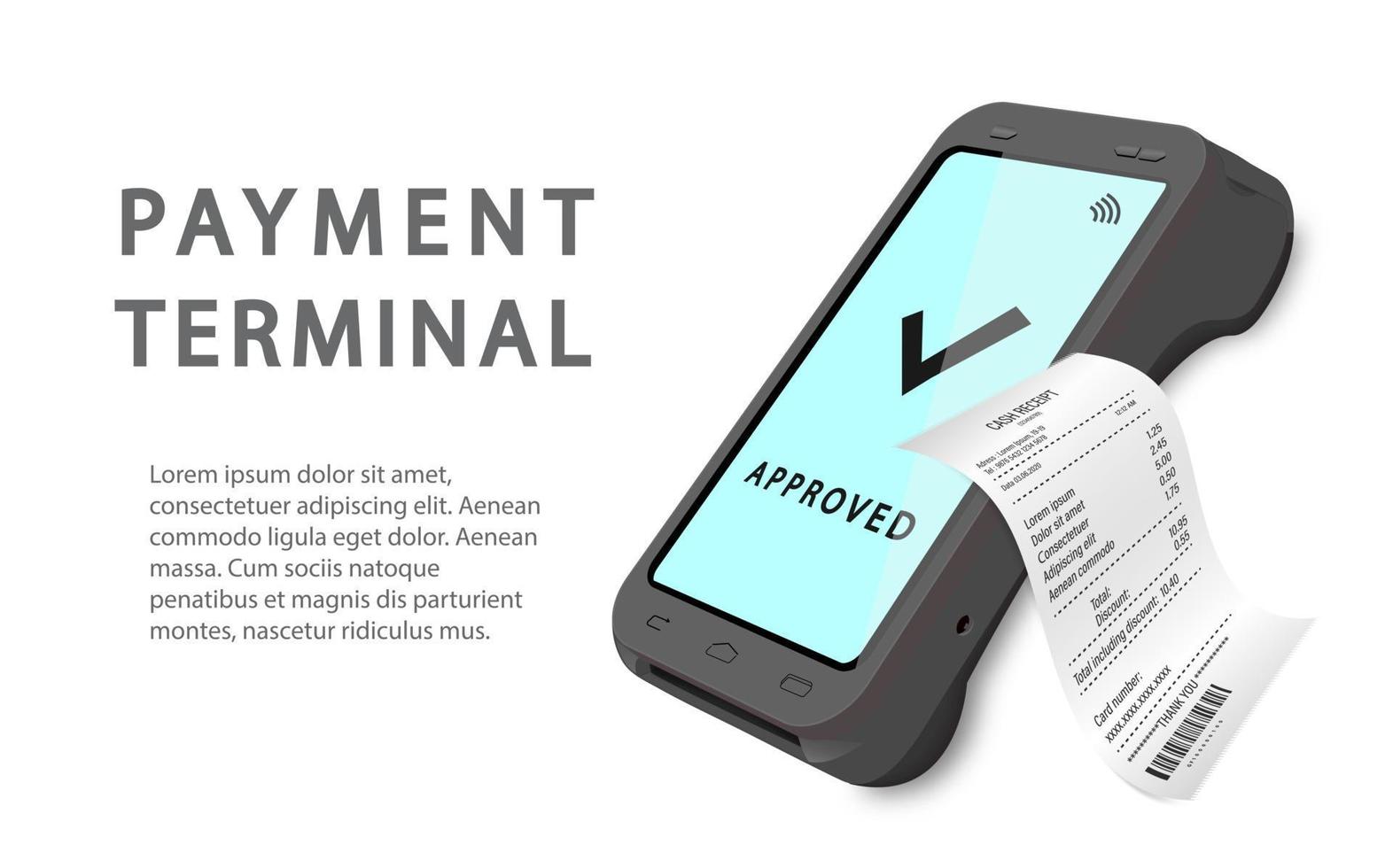 machine de paiement 3d noir réaliste de vecteur. gros plan d'un terminal pos avec un reçu et du texte sur fond blanc. modèle de conception, mise en page. vue de dessus vecteur