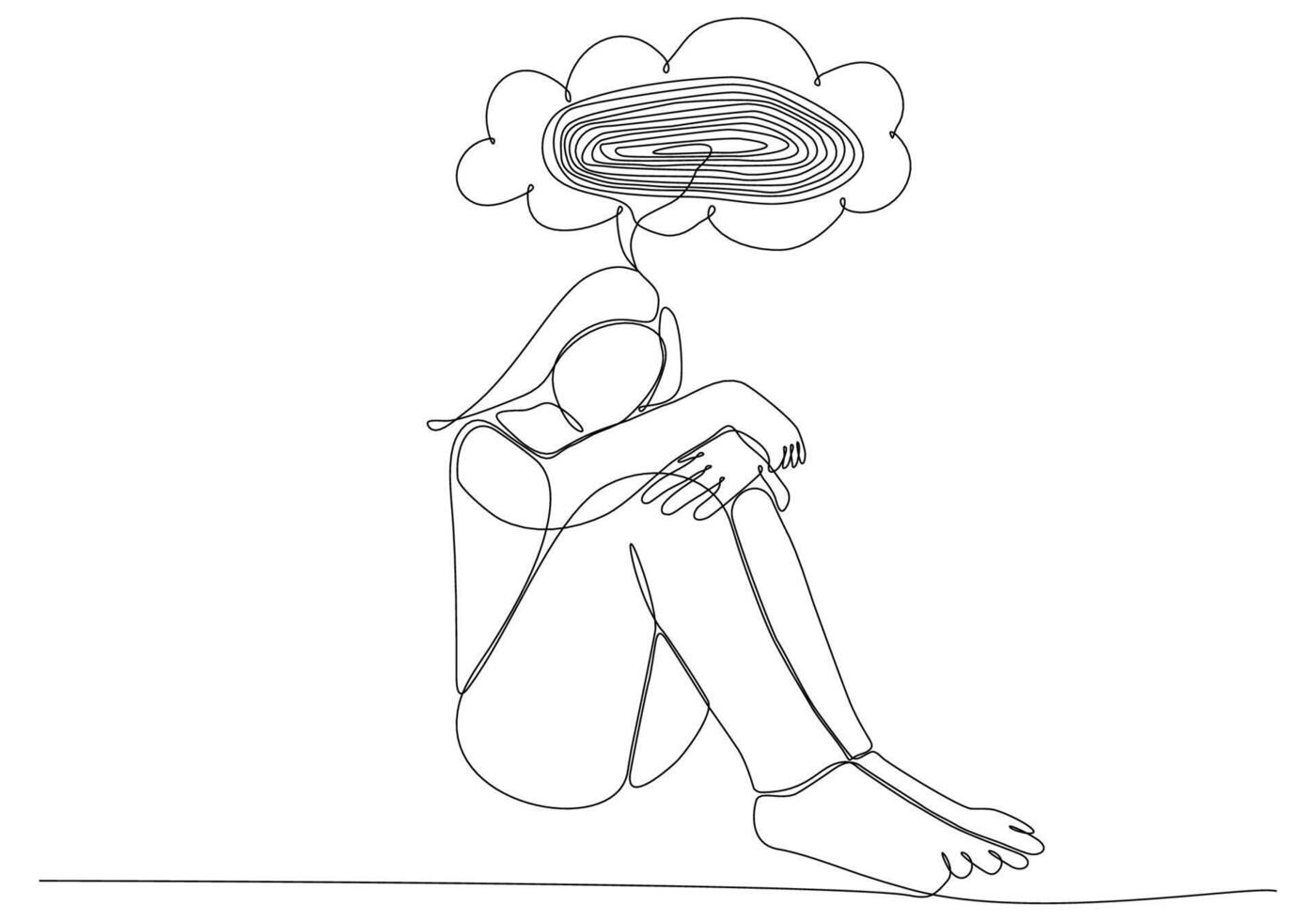 dessin au trait continu d'une jeune femme se sentant triste, fatiguée et inquiète souffrant de dépression en illustration vectorielle de santé mentale vecteur