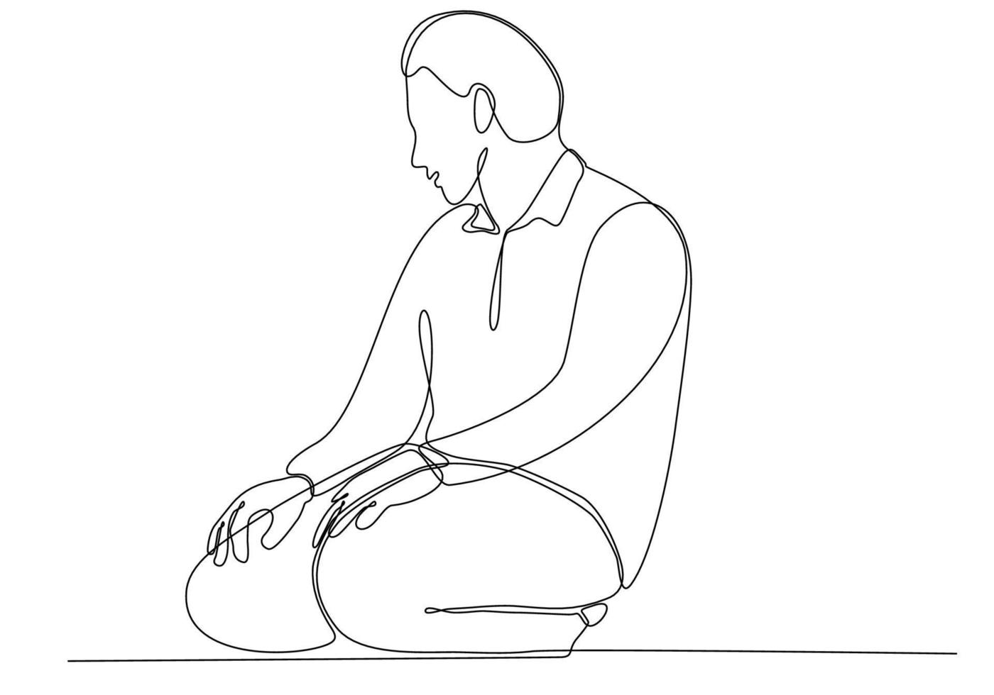 dessin en ligne continu d'une conception de silhouette d'un homme assis en prière vecteur
