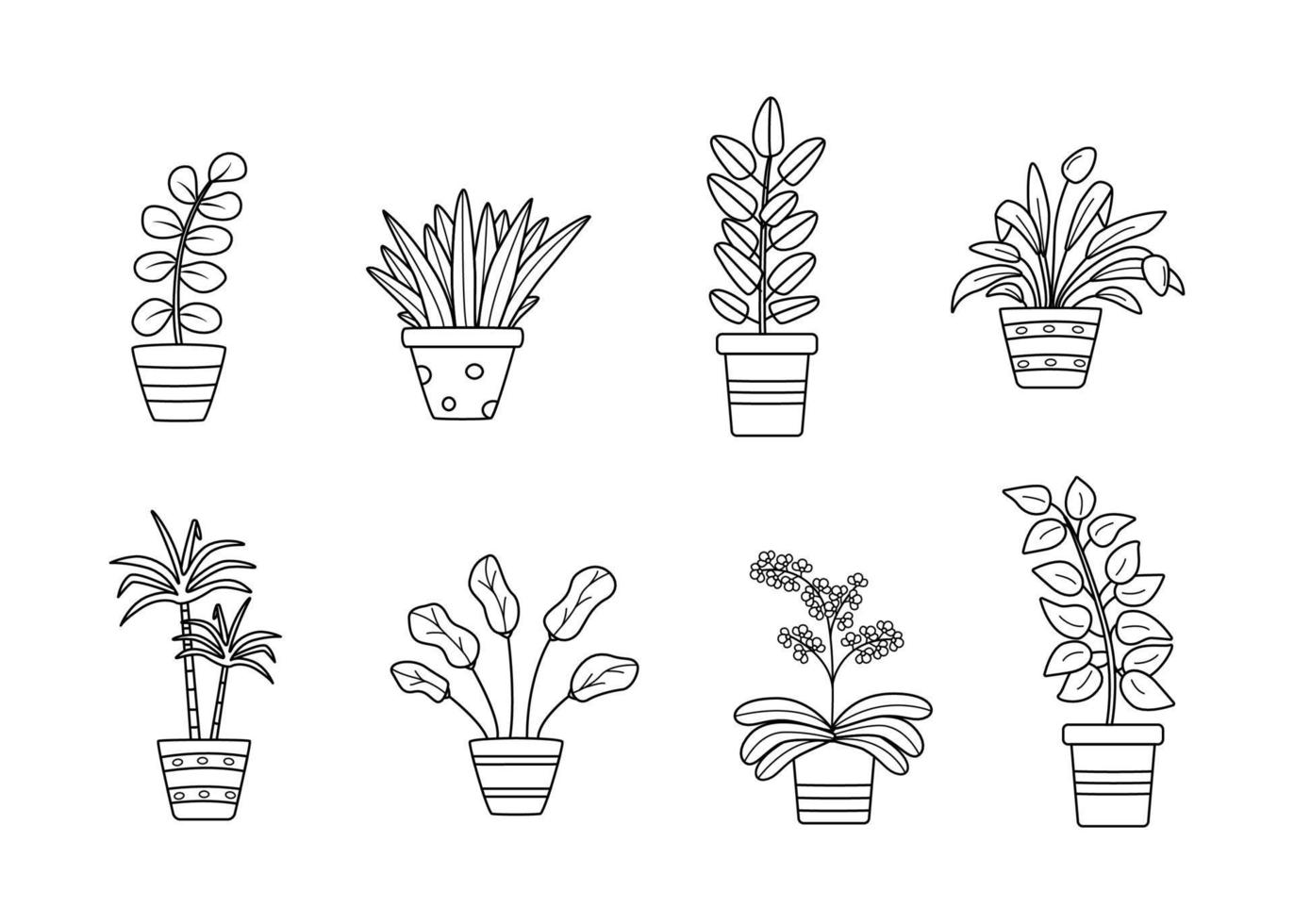 fleurs en pot, ensemble d'illustrations vectorielles icônes de doodle de contour, ficus, dracaena, orchidée vecteur