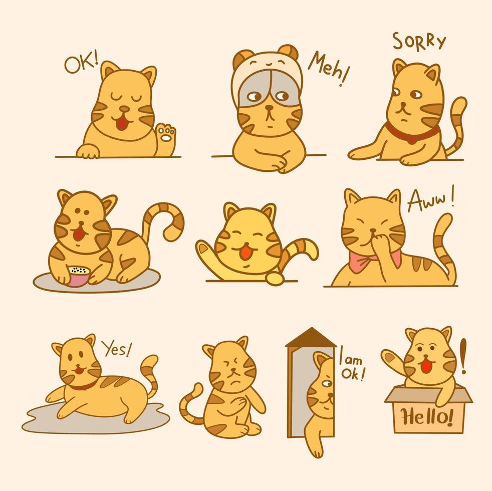 ensemble de poses de chat dessinées à la main vecteur