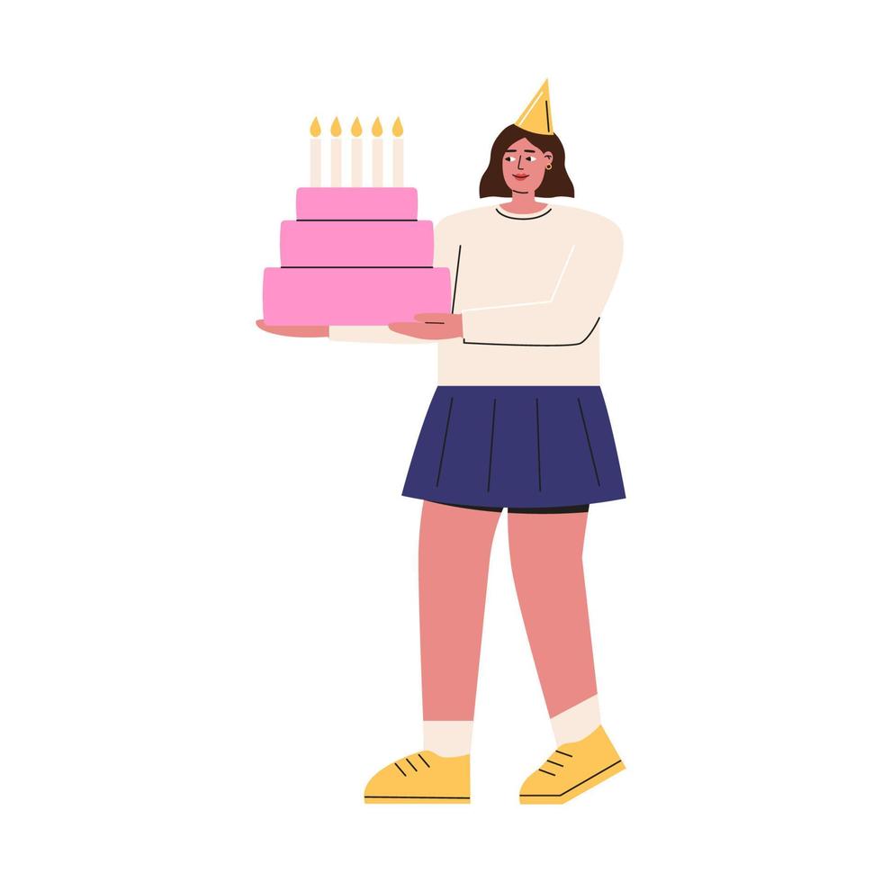 femme heureuse célébrant son anniversaire avec un gâteau vecteur