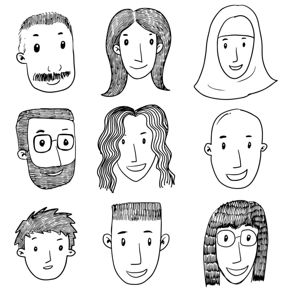 ensemble de visages dessinés à la main mignons et divers isolés sur fond blanc. illustration vectorielle. vecteur