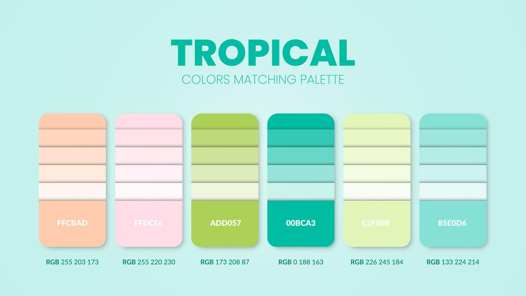 la palette de couleurs tropicales ou les combinaisons de couleurs sont des combinaisons de tendances et des guides de palettes. exemple de nuances de couleurs de table en rgb et hexadécimal. un nuancier pour les amoureux de la mode mariage, maison, déco vecteur