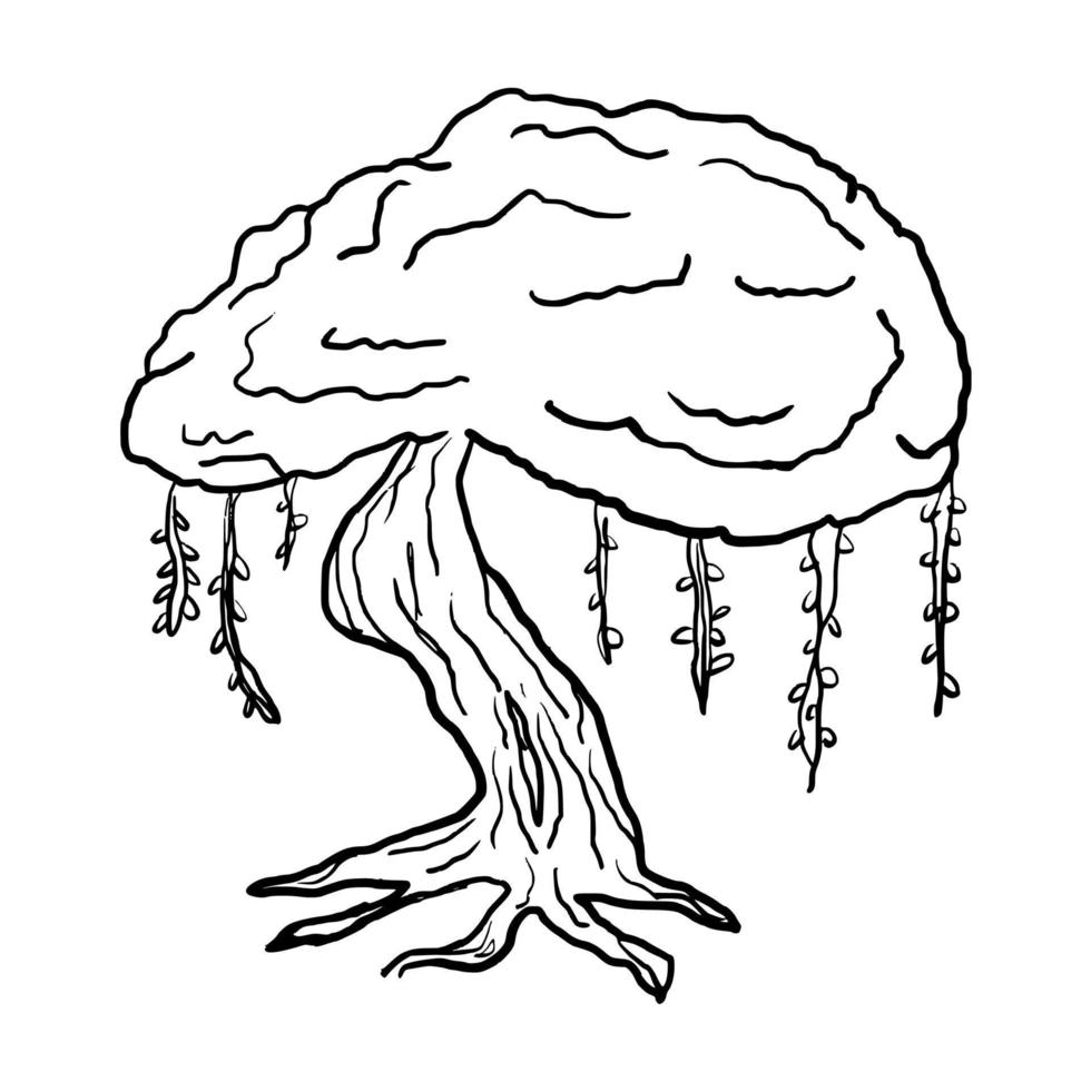 vieil arbre avec racine suspendue doodle illustration d'icône de contour vectoriel dessiné à la main pour livre de coloriage pour enfants