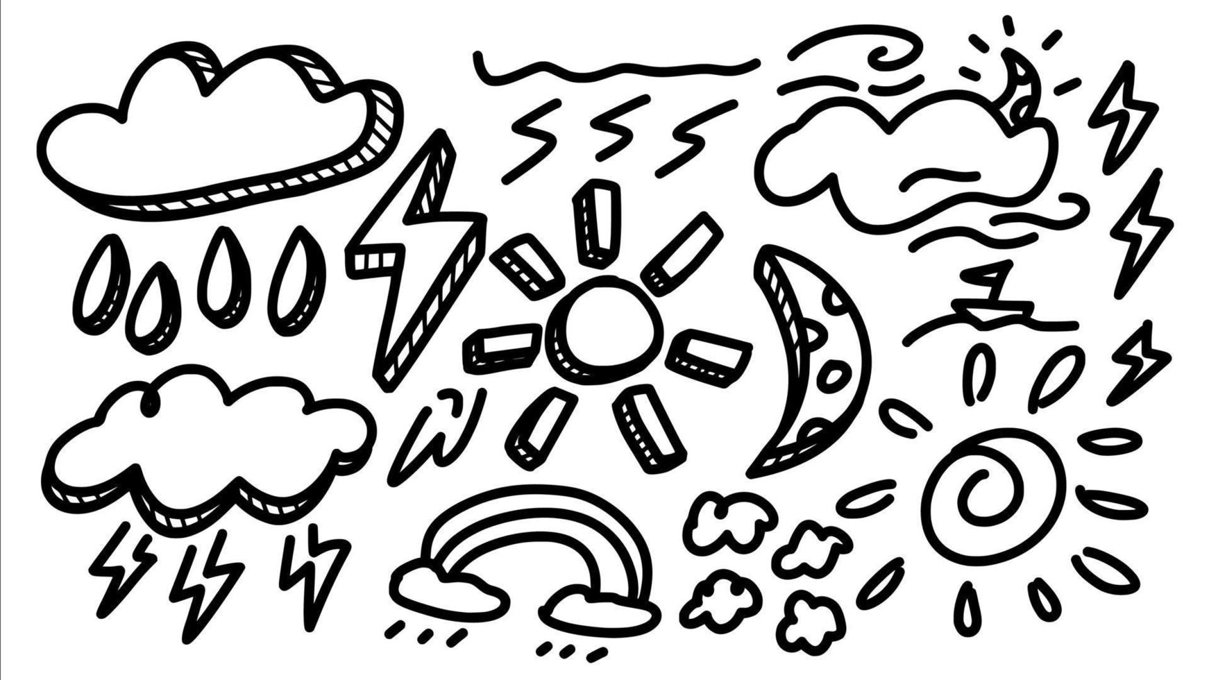 prévision météo et icône de situation de plage sertie de doodle collection de modèles vectoriels de style art dessinés à la main pour livre de coloriage comique et autocollant vecteur