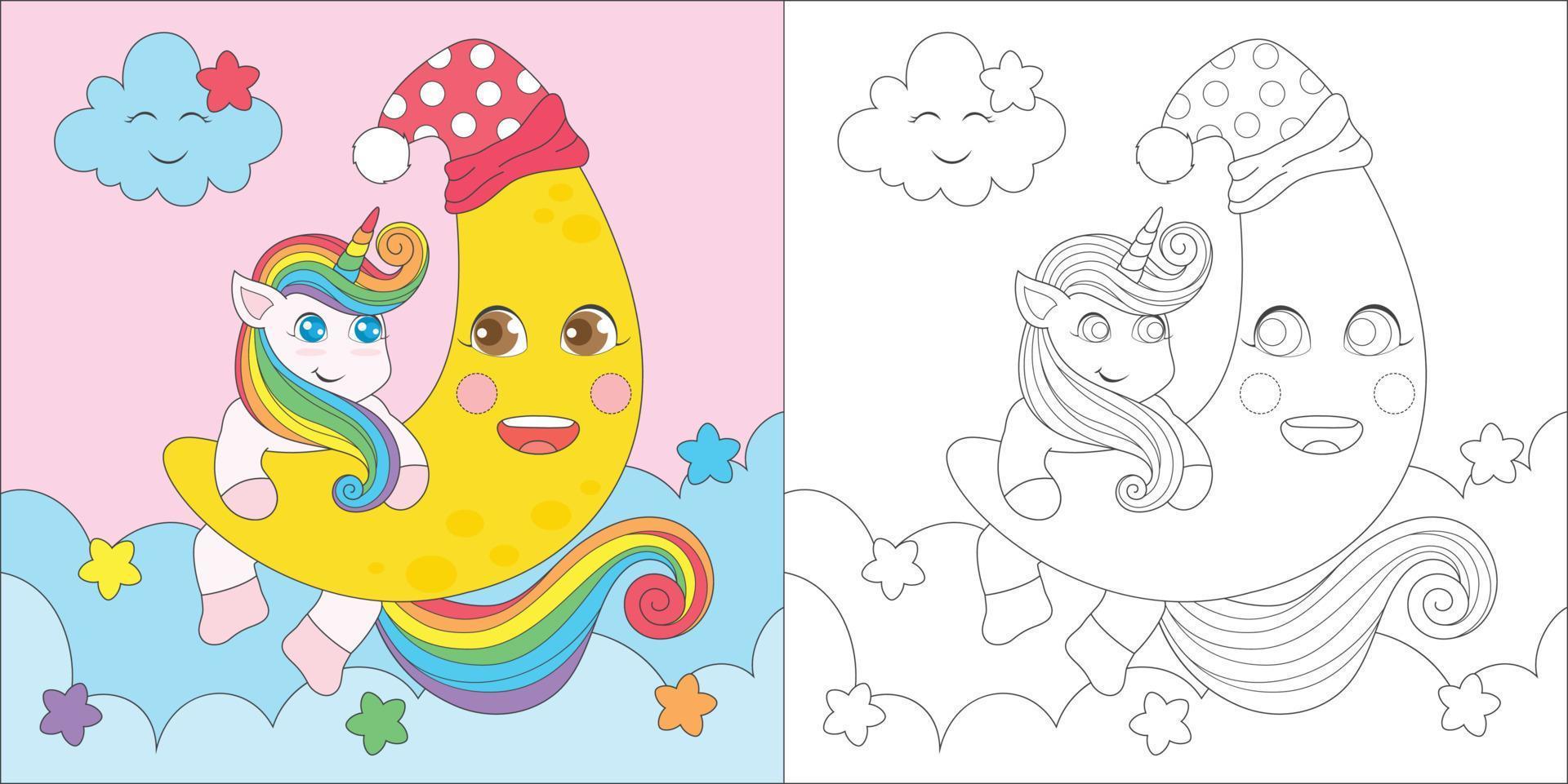 coloriage licorne et lune vecteur