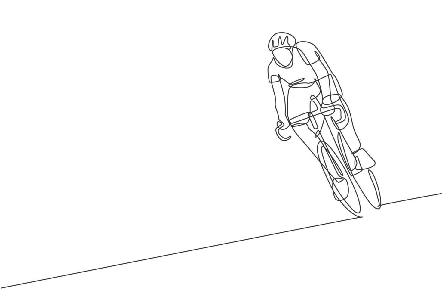 un seul dessin au trait d'un jeune homme énergique coureur cycliste s'entraînant dans l'illustration vectorielle graphique de la route. concept de cycliste de course. conception moderne de dessin en ligne continue pour la bannière du tournoi cycliste vecteur