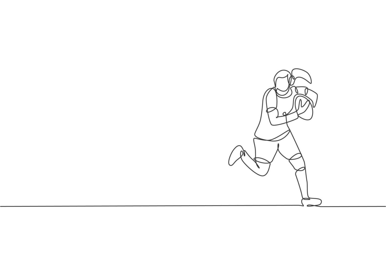 une seule ligne continue dessinant une jeune joueuse de rugby féminine agile tenant le ballon. concept de sport de compétition. tendance une ligne dessiner illustration vectorielle de conception graphique pour les médias de promotion du tournoi de rugby vecteur