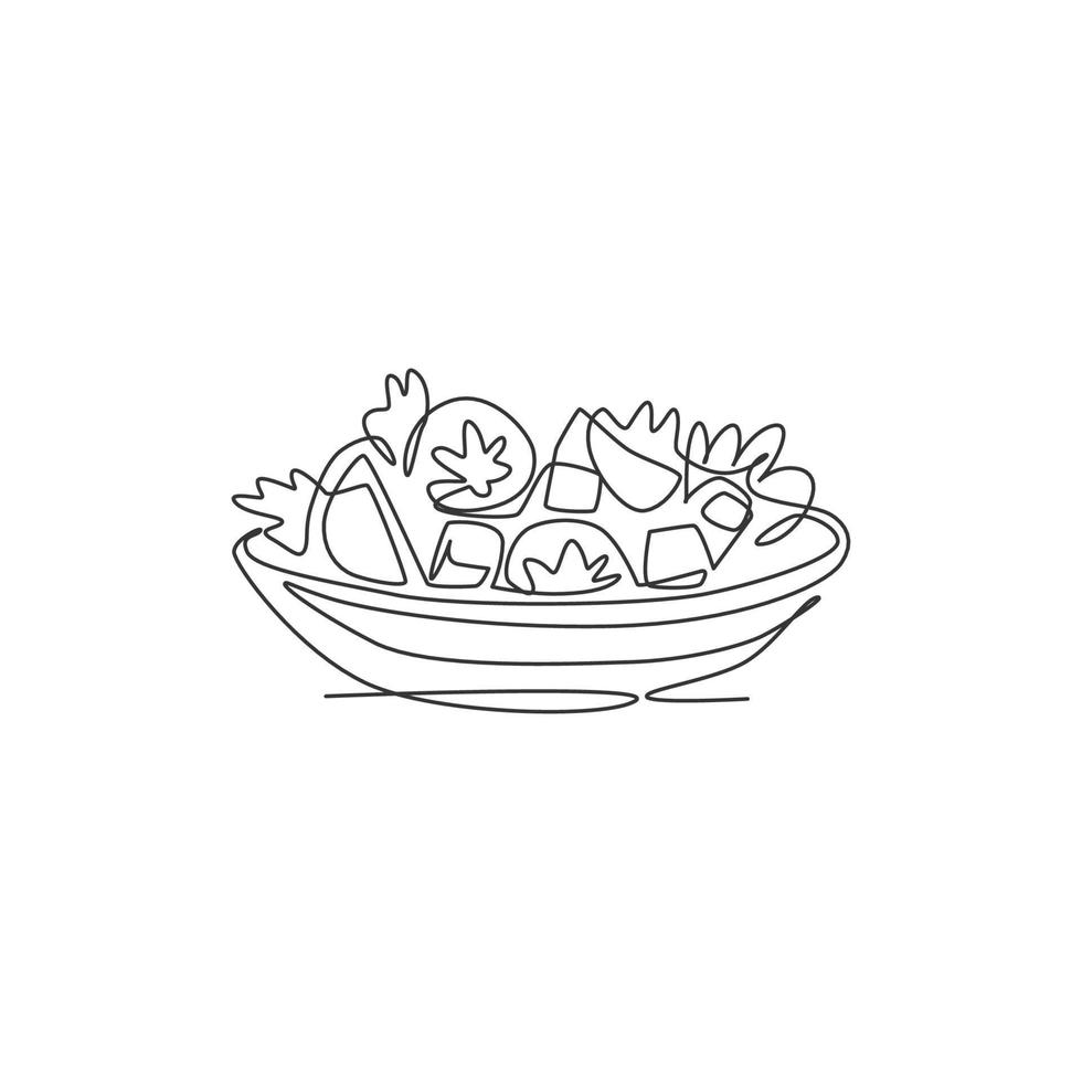 un seul dessin au trait d'illustration graphique vectorielle de logo de salade de légumes frais et sains. menu de café d'aliments biologiques et concept d'insigne de restaurant. logotype de nourriture de rue de conception de ligne continue moderne vecteur