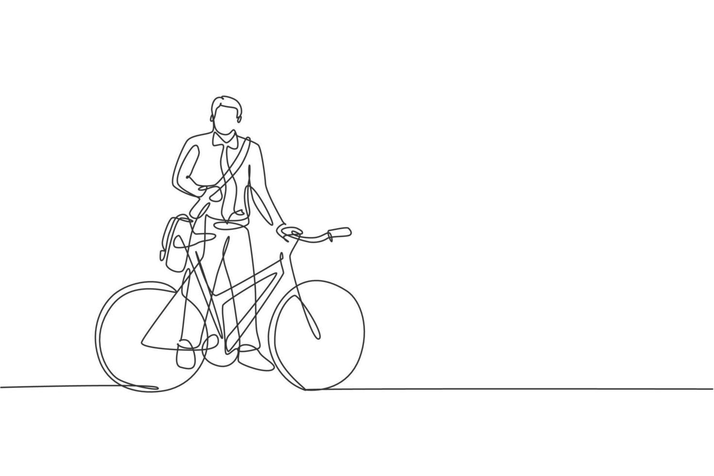 une seule ligne continue dessinant un jeune homme d'affaires professionnel à vélo vers son entreprise. vélo au travail, concept de transport écologique. illustration graphique vectorielle de conception de dessin à une ligne à la mode vecteur