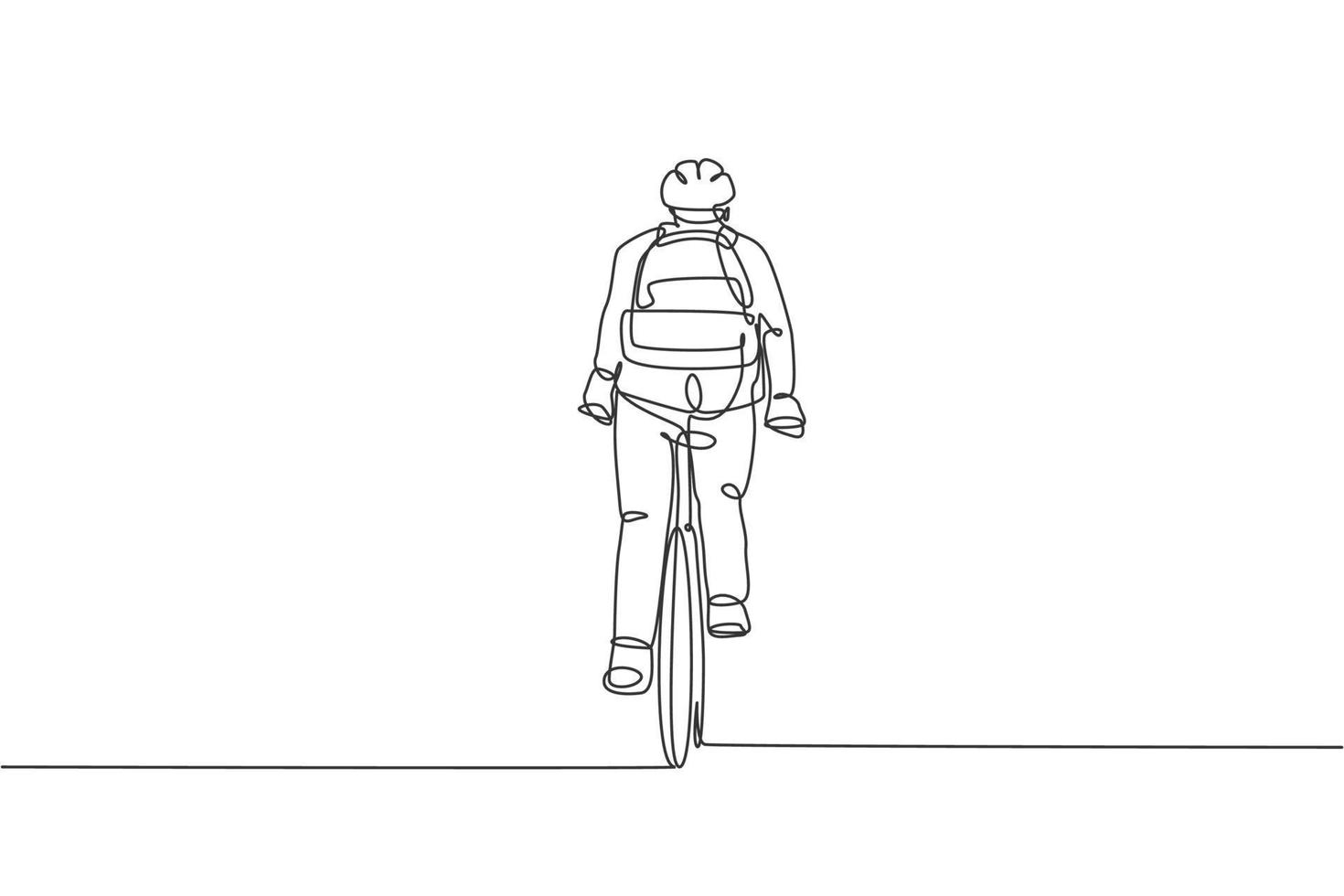 un dessin en ligne continu d'un jeune gestionnaire professionnel faisant du vélo à vélo jusqu'à son bureau, vue arrière. concept de mode de vie urbain de travail sain. illustration vectorielle de dessin dynamique à une seule ligne vecteur