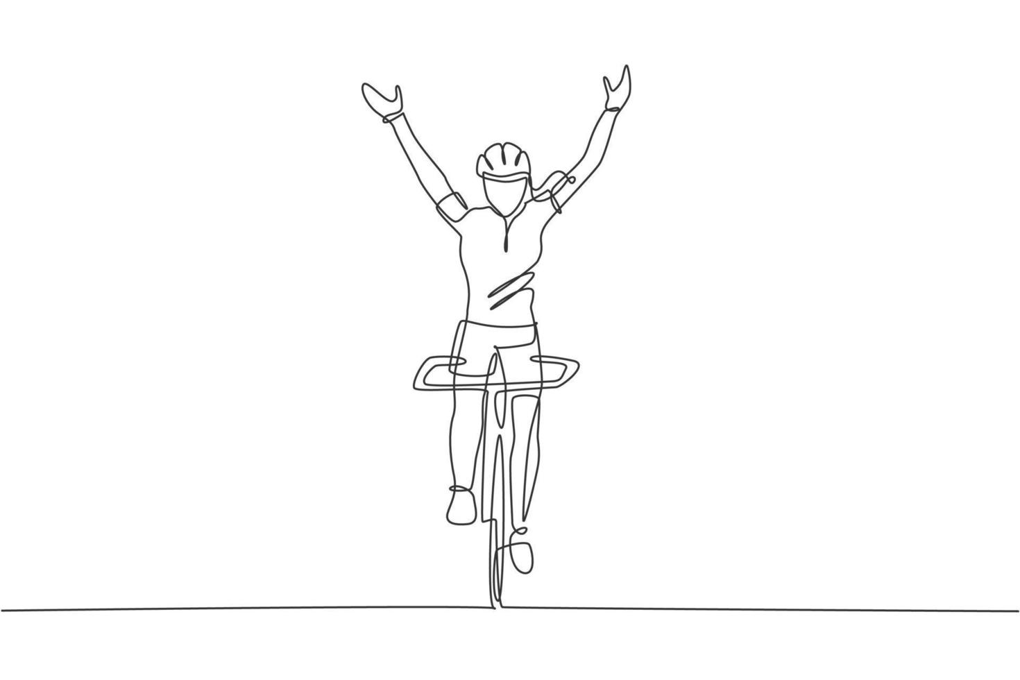 dessin en ligne continue d'une jeune cycliste agile levant les mains en l'air. concept de style de vie sportif. illustration vectorielle de conception de dessin à une ligne à la mode pour les médias de promotion de course cycliste vecteur