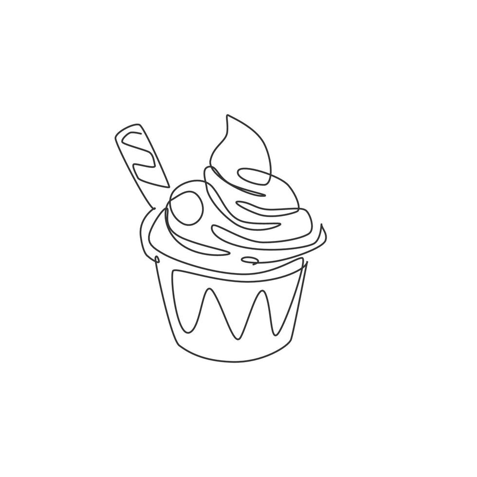 un dessin en ligne continu d'une délicieuse coupe de crème glacée sundae fraîche avec l'emblème du logo du bâton de gaufrette. concept de modèle de logo de magasin de café de collations. illustration vectorielle de dessin à une seule ligne moderne vecteur