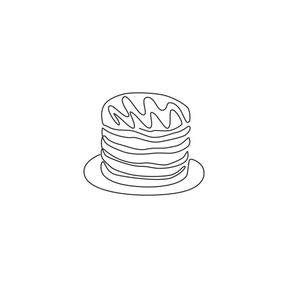 un dessin en ligne continu de l'emblème du logo du restaurant empilé de délicieuses crêpes américaines fraîches. concept de modèle de logo de boutique de café de nourriture de petit déjeuner. illustration vectorielle de dessin à une seule ligne moderne vecteur