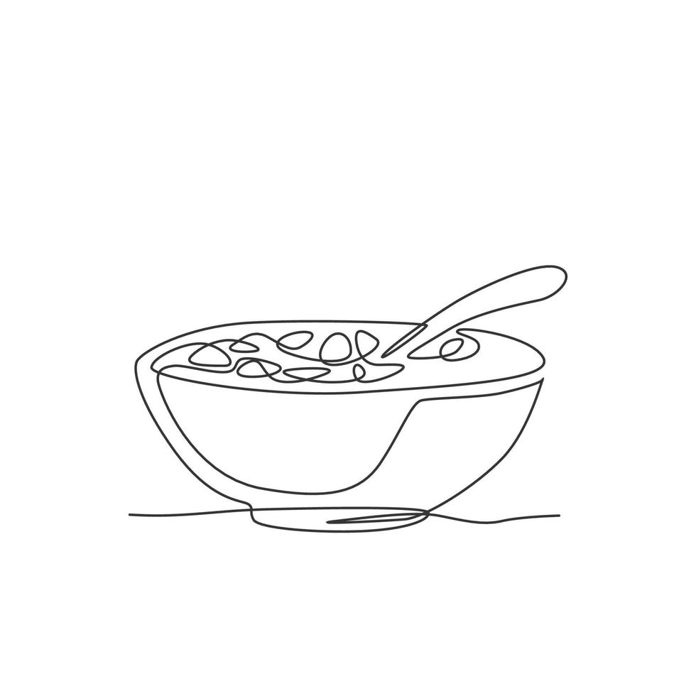 dessin en ligne continue d'un bol stylisé de petit déjeuner aux céréales avec du lait frais. concept d'aliments sains de blé entier. conception moderne d'une ligne de dessin graphique d'illustration vectorielle d'aliments naturels vecteur