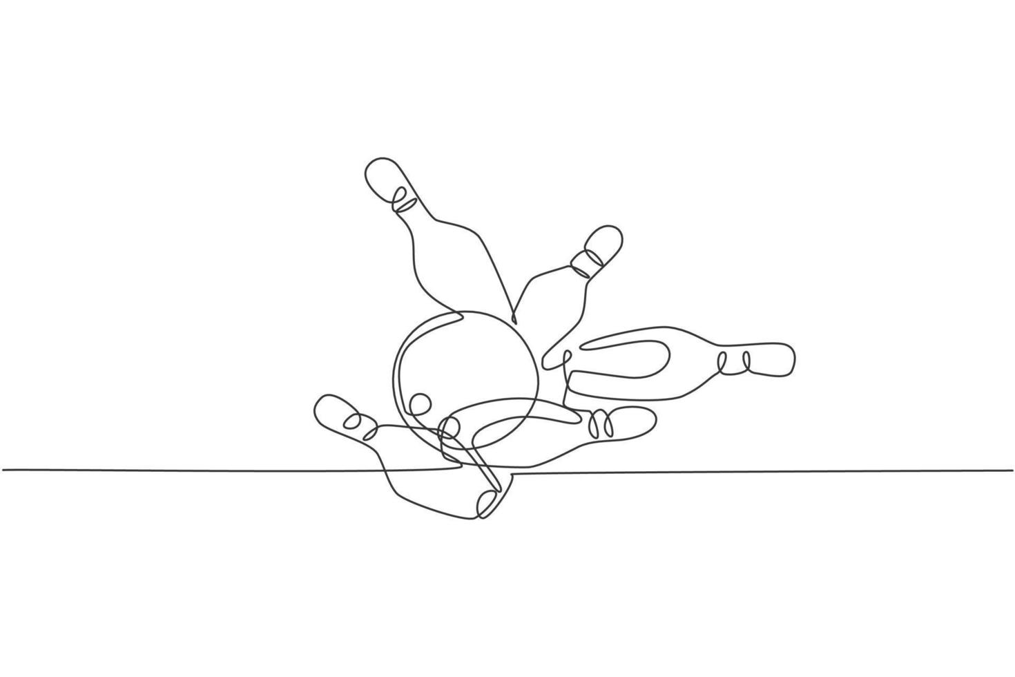 un dessin d'une seule ligne de boule de bowling a frappé des quilles pour s'effondrer à l'illustration vectorielle graphique de la ruelle. activité de loisirs et concept de sport de jeu. conception moderne de dessin en ligne continue vecteur